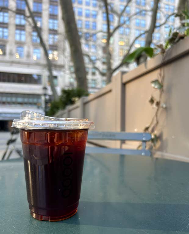 Cup of iced coffee from 10000 coffee in Bryant Park NYC