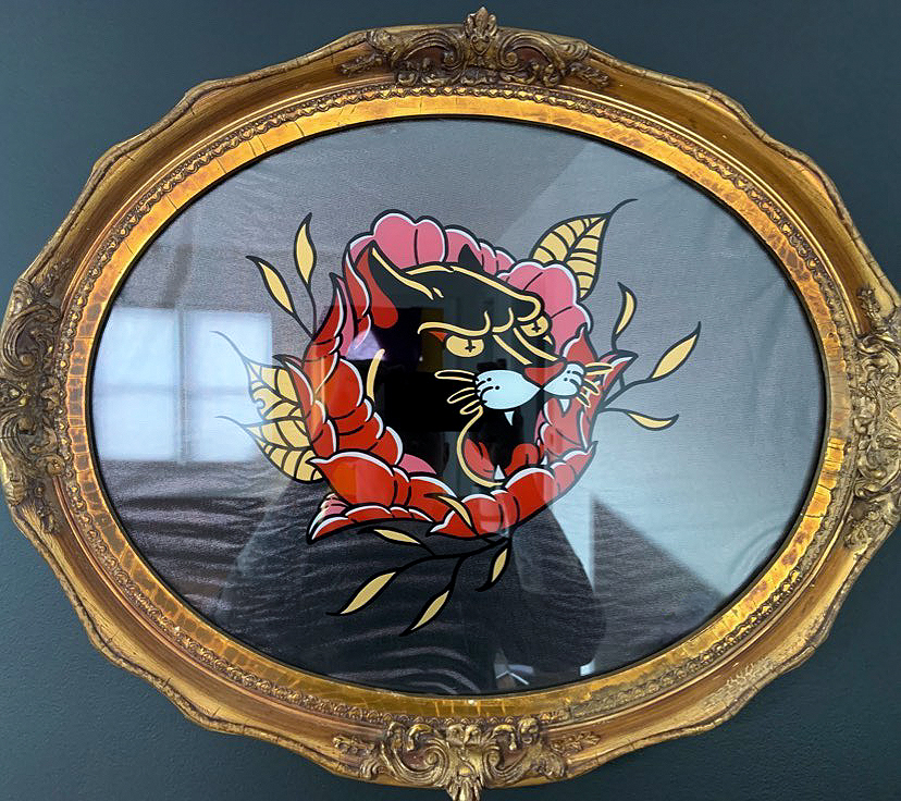 Ols Skool style panther tattooed and flower design - reverse hand painted on glass using 1 Shot paint